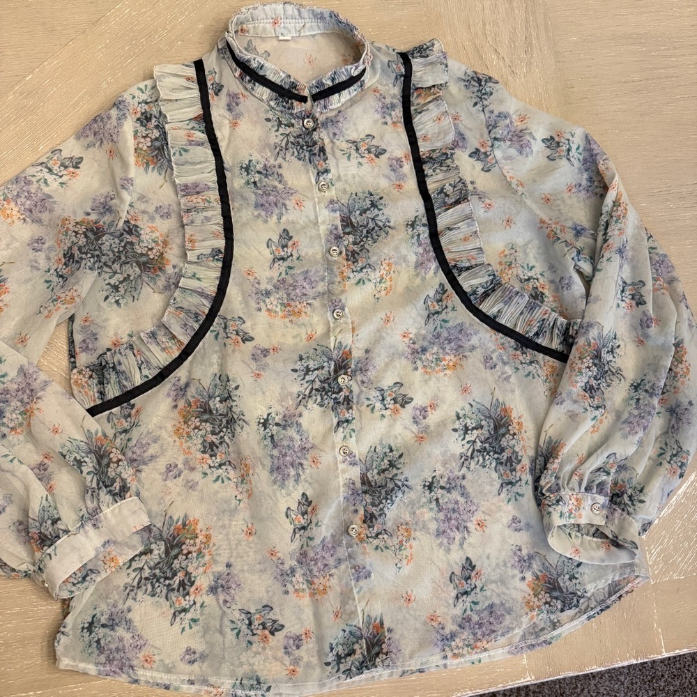 Mint floral Puff Sleeve Ruffled Blouse with Black accents pastel goth mock neck - Picture 3 of 11